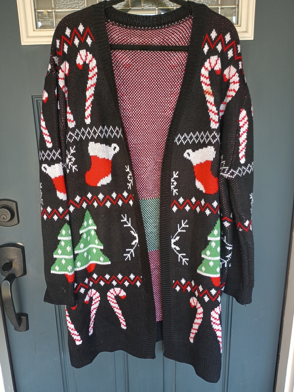 Long Holiday Cardigan w/Stockings, Candy Canes, Snowflakes, & Christmas Tree 3XL